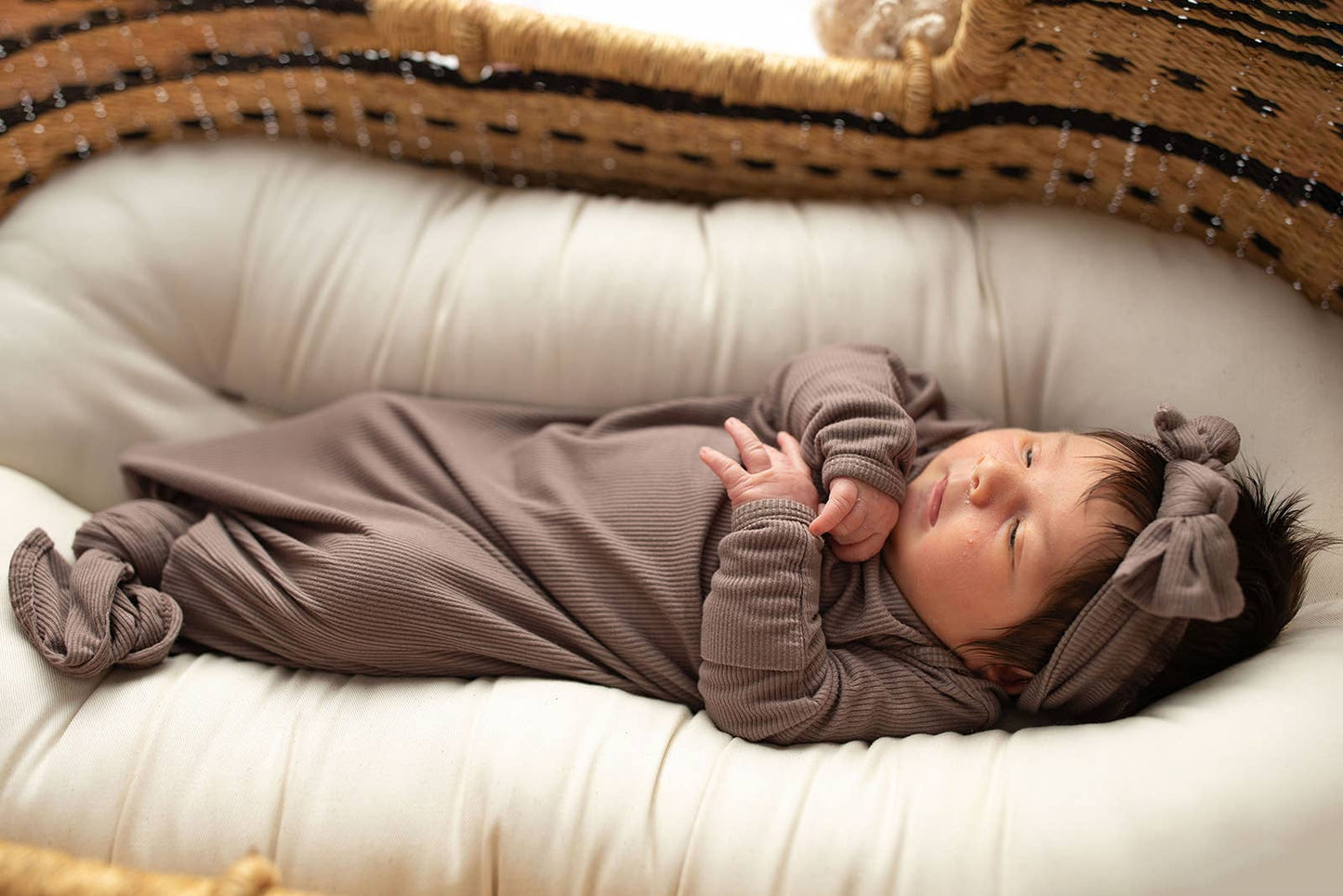 Cocoa Brown Ribbed Knotted Newborn Gown and Hat