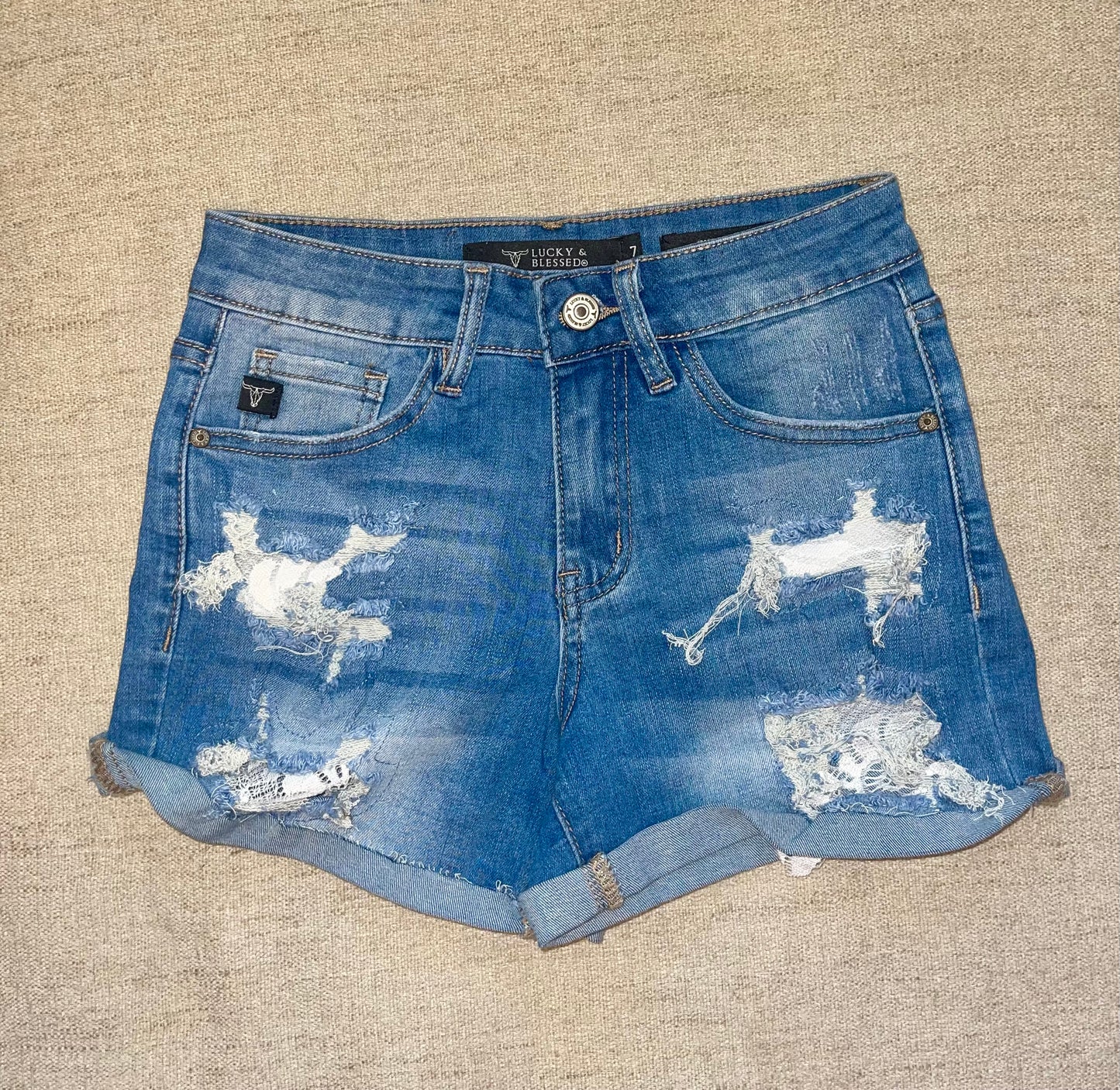 Mid Wash Distressed Lace Denim Shorts