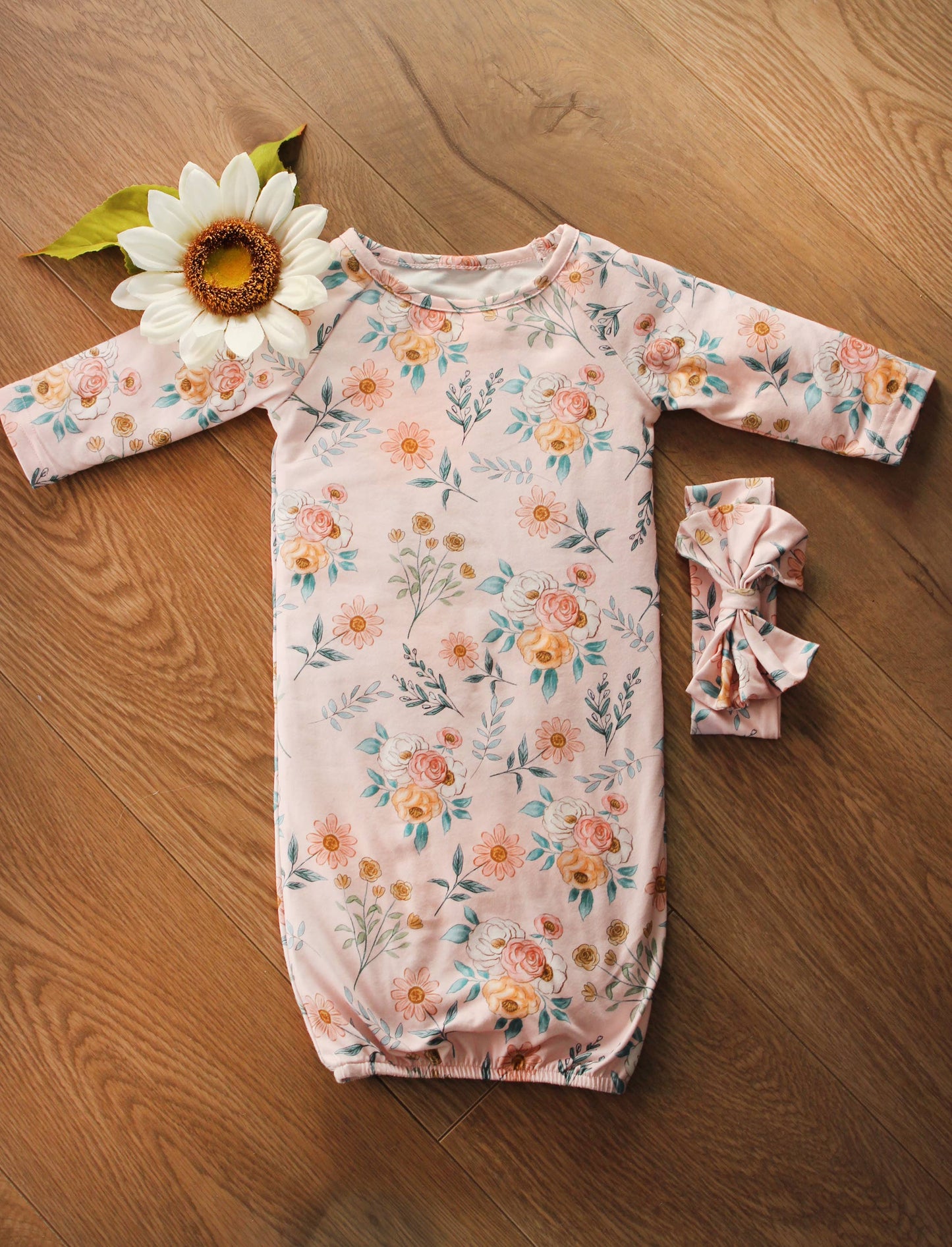 Pink Botanical Baby Gown and Bow
