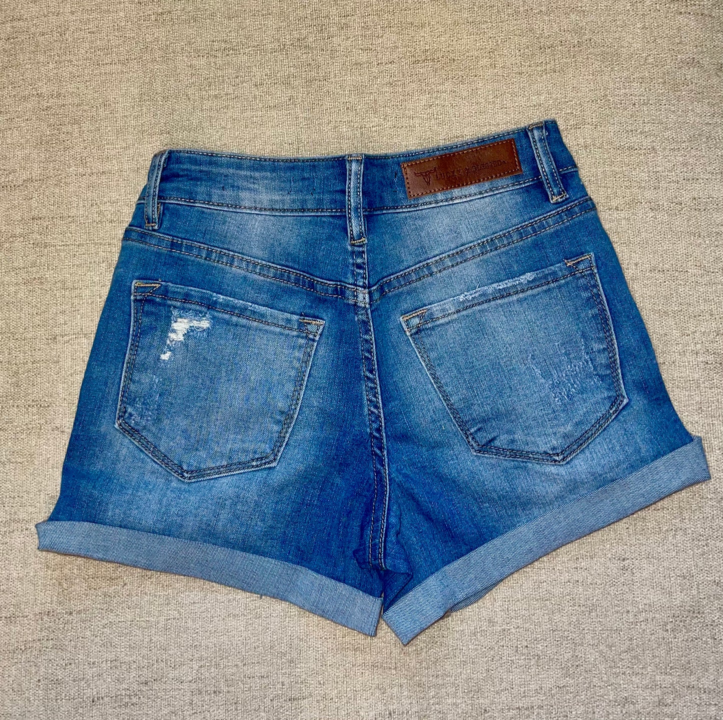 Mid Wash Distressed Lace Denim Shorts (FINAL SALE)