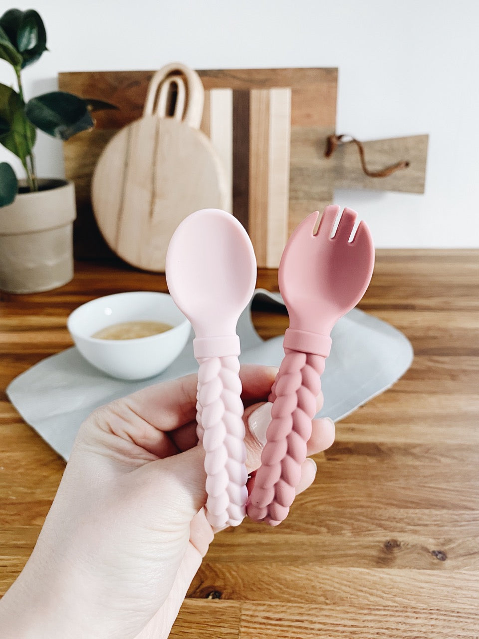 Sweetie Spoons™ - Silicone Baby Fork + Spoon Set (Pink)