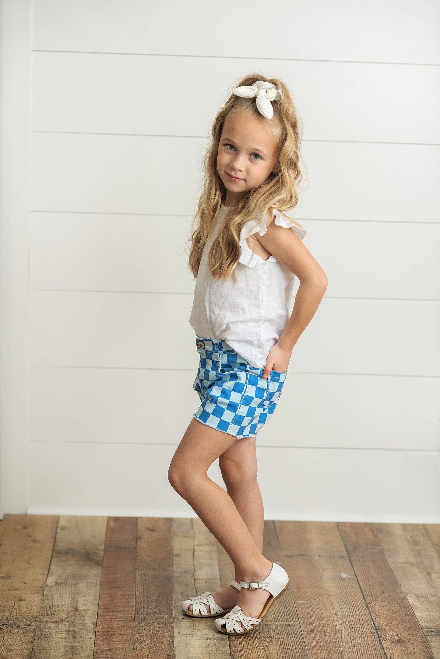 Kids Blue Checkered Denim Spring Summer Shorts
