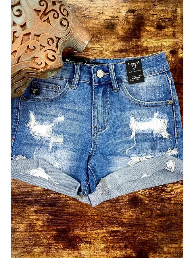 Mid Wash Distressed Lace Denim Shorts (FINAL SALE)